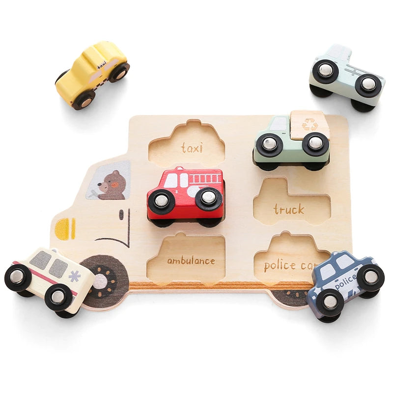 Wooden Puzzle Montessori Toys Kids Cartoon Vehicle Traffic Hand Grab Boards Early Educational Toys Tangram Jigzaw Cognitive Gift