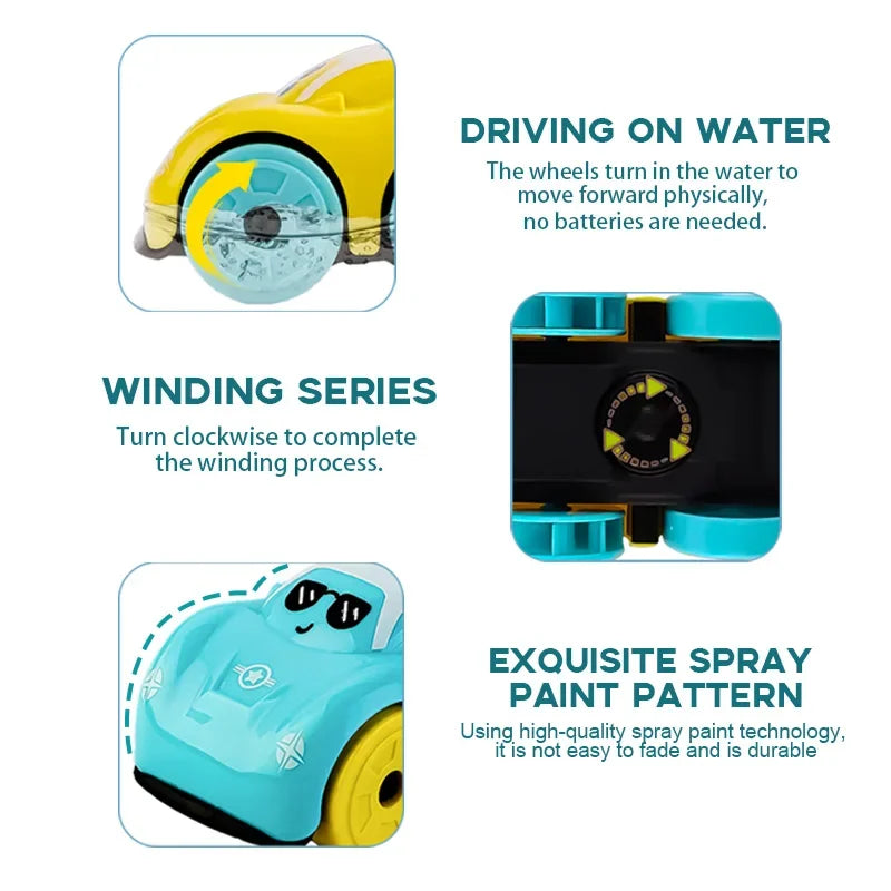 Fun Bath Water Playing Toys Clockwork Mini Car Cartoon Vehicle Baby Bath Toy Kids Gift Amphibious Cars Bathroom Floating Toys
