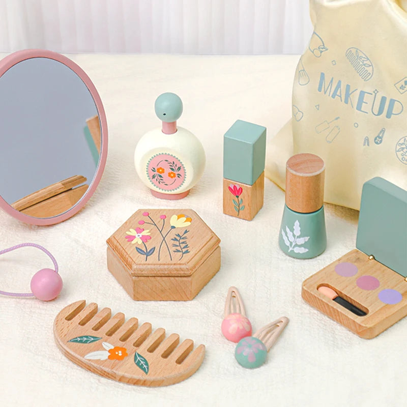 Children's simulation makeup toys, playing house, wooden girl role-playing, dressing up, gift, makeup bag set