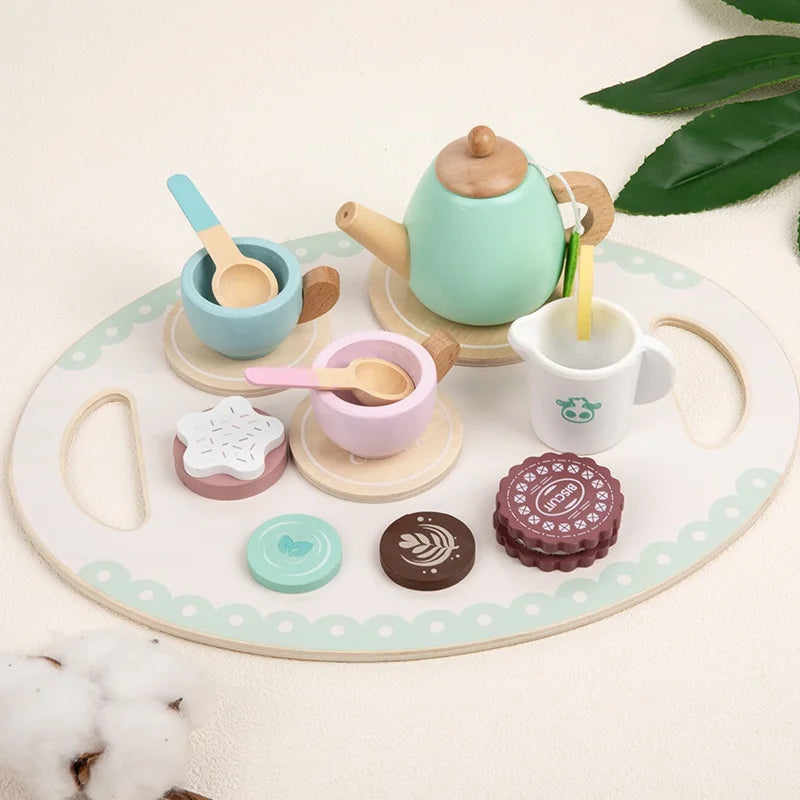 Toddler Wooden Tea Party Toys - Simulation Tableware & Dessert, Parent-Child Pretend Play, Toys and Gifts for Kids