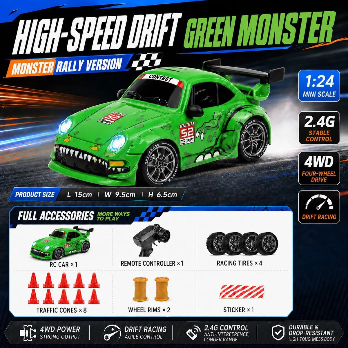 New Creative Mini Drift Car Simulation 1:24 Dinosaur Coating Sports Car Model Trendy Ornament Lighting 4WD Drift Car