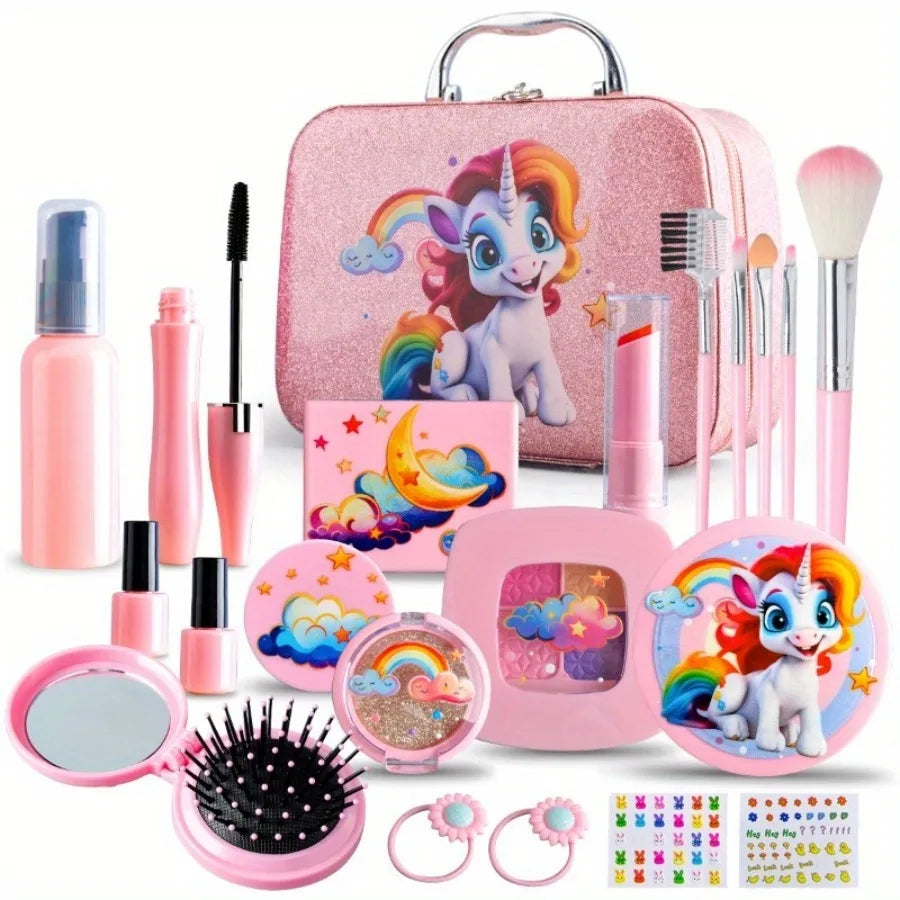 Girl Pink Unicorn Makeup Set with Box - Plastic Cosmetic Set, Non-Edible Toy Beauty Tools, Dress up Travel Bags, Birthday, Christmas, Halloween, Modern Style, Ideal Gift Boxed