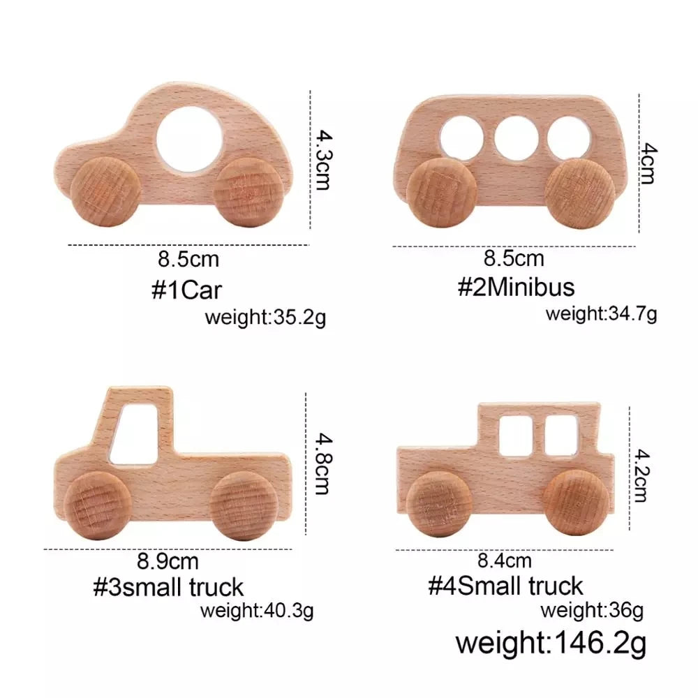 4pc Wooden Baby Car Toys Beech Wooden Blocks Animal Dogs Cartoon Educational Montessori Toys For Children Teething Baby Teether