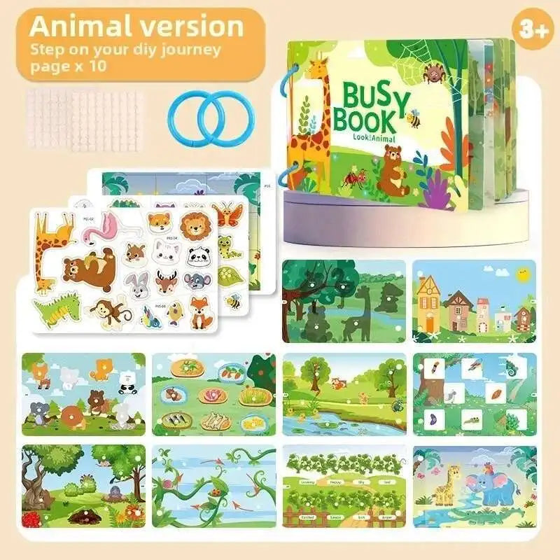 Busy Book for Kids, Animals Vehicles Dinosaurs Stickers, Matching Number & Letter Games, Interactive Learning Activity Book