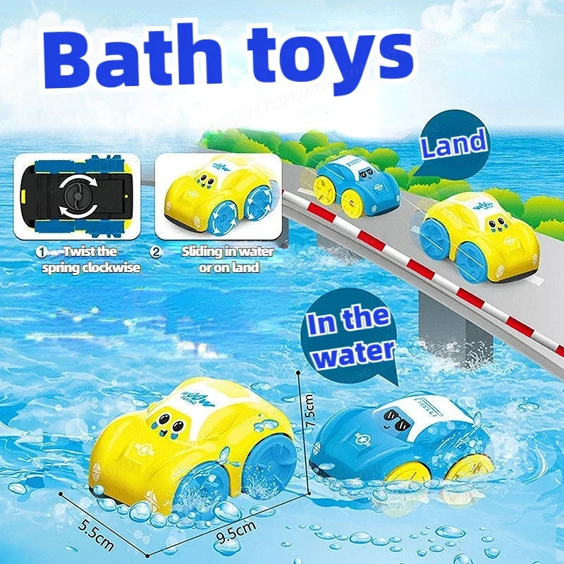 Fun Bath Water Playing Toys Clockwork Mini Car Cartoon Vehicle Baby Bath Toy Kids Gift Amphibious Cars Bathroom Floating Toys