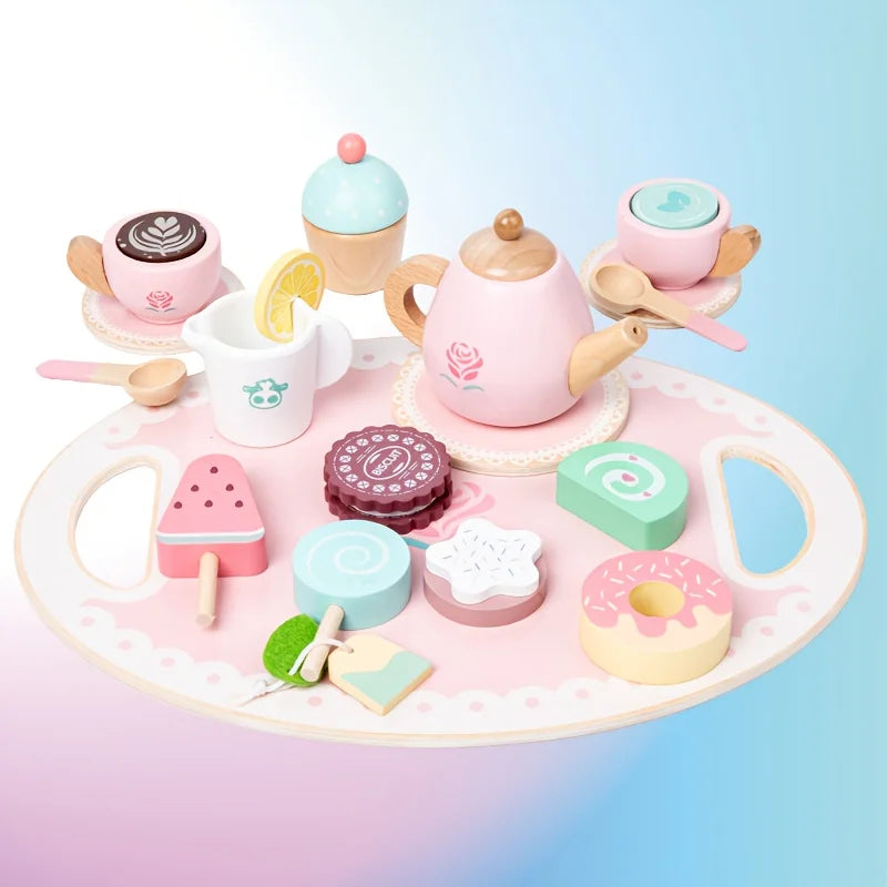 Toddler Wooden Tea Party Toys - Simulation Tableware & Dessert, Parent-Child Pretend Play, Toys and Gifts for Kids