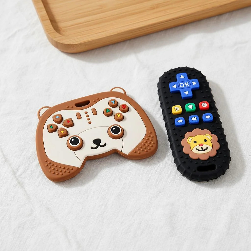 2Pcs Baby Teething Toys for 0-6 6-12 Months Silicone Bear Game Controller & Lion Teether Set