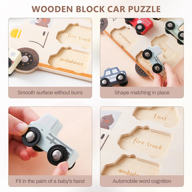 Wooden Puzzle Montessori Toys Kids Cartoon Vehicle Traffic Hand Grab Boards Early Educational Toys Tangram Jigzaw Cognitive Gift