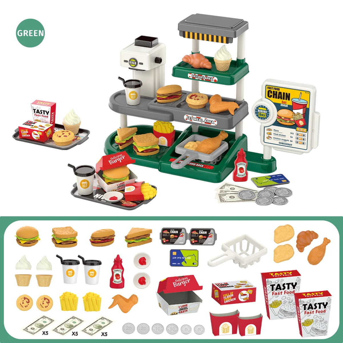 Children's Pretend-Play Toys  Realistic Hamburger Food, Fast Food Grill, Tent Set, Mini Collection for Role-Playing, Festive Gif