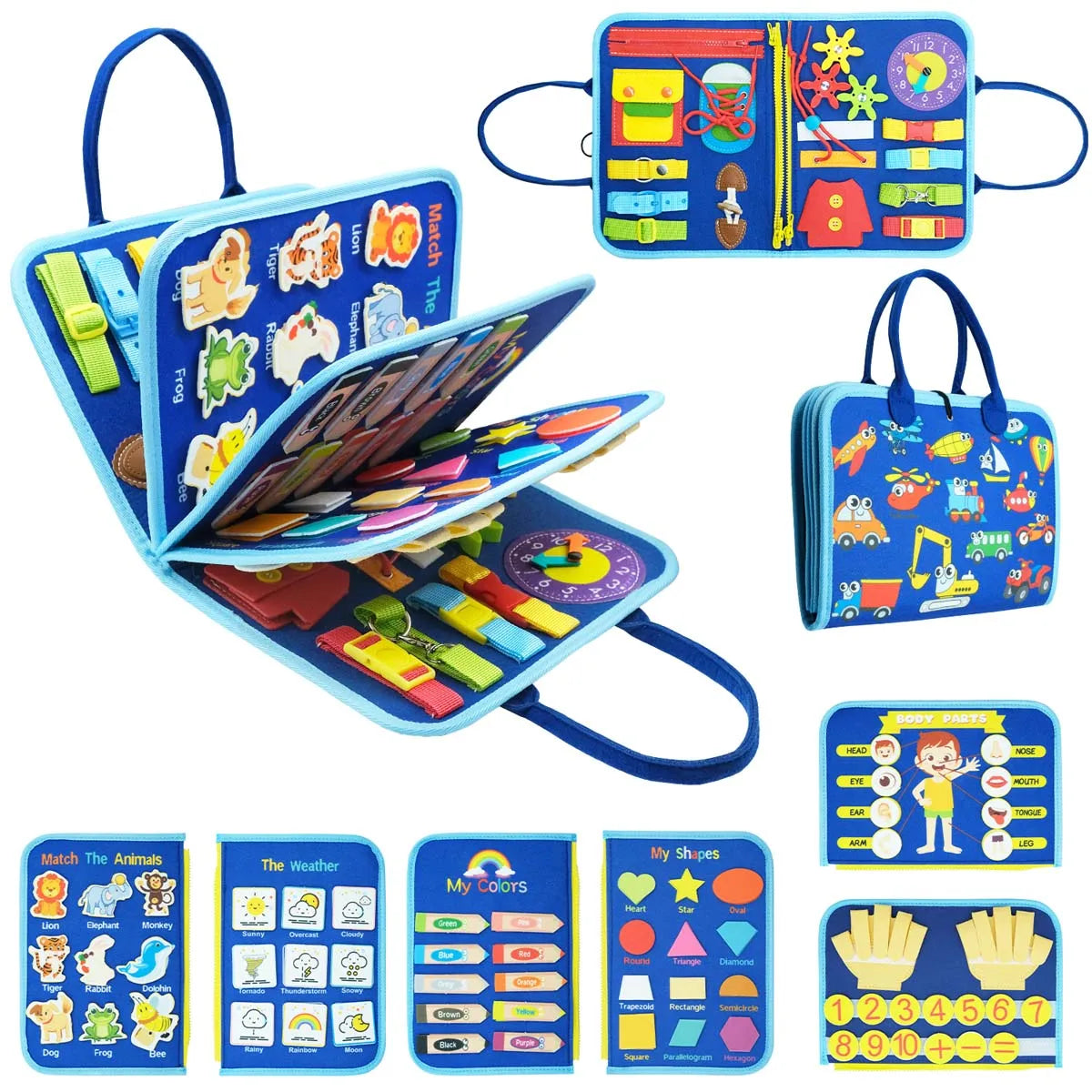 Montessori Busy Board Educational Learning Sensory Busy Book Toddler's Basic Motor Skills Activities Toy for Airplane Car Travel