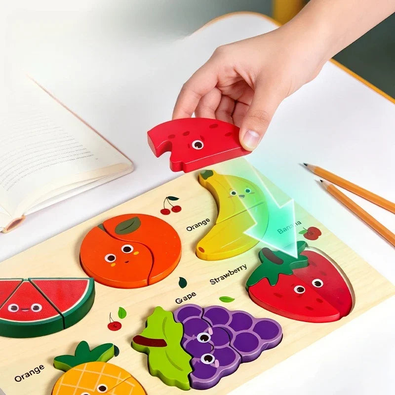 Montessori Wooden Toys 3D Wood Puzzles Cartoon Animal Car Fruit Cognitive Jigsaw Puzzle Early Learning Educational Toys for Kids