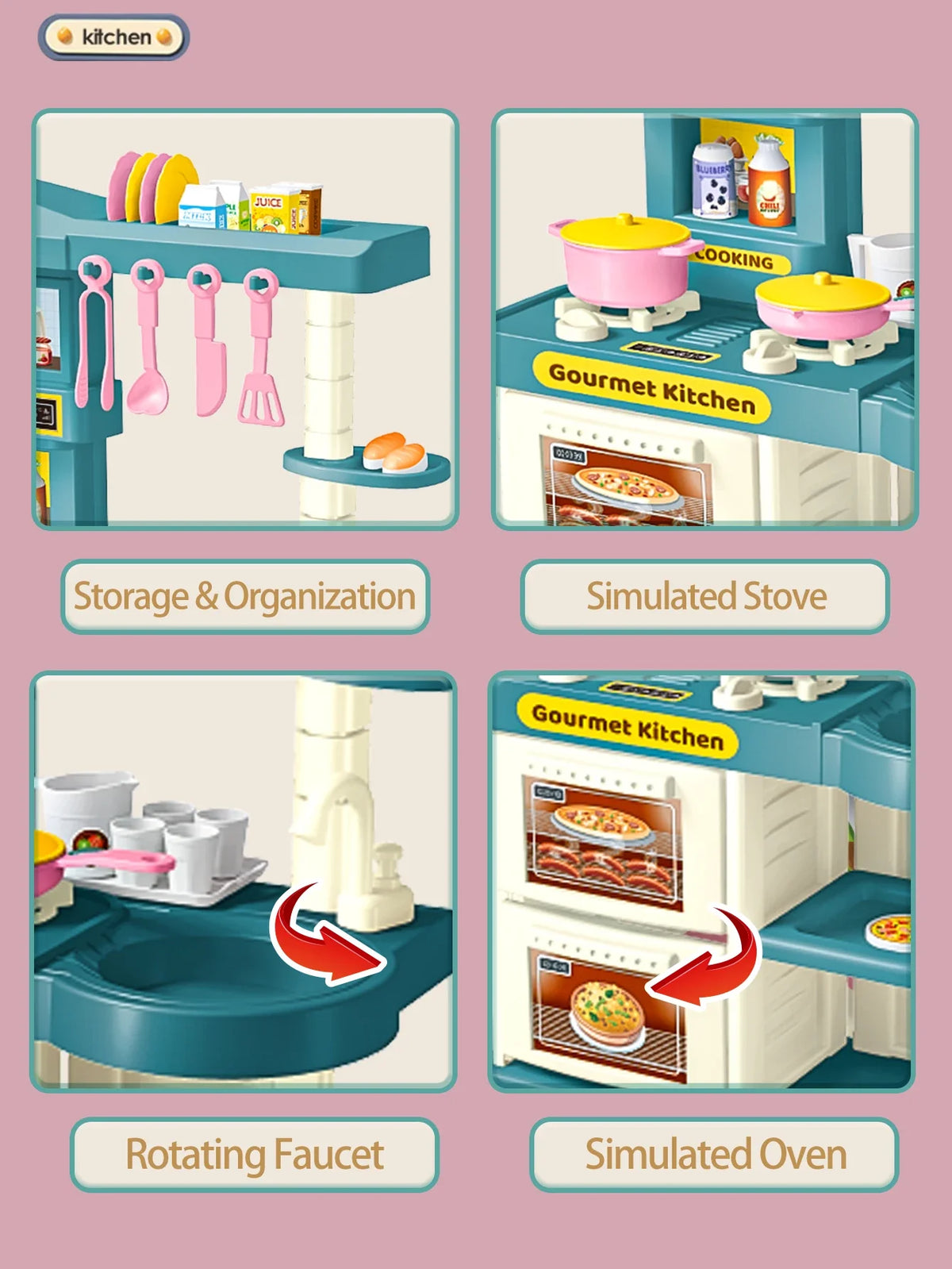 Play Kitchen Accessories, Kitchen Playset Toys for Kids Foods Pots Pans Milk Bread Fork for 3+ Boys and Girls