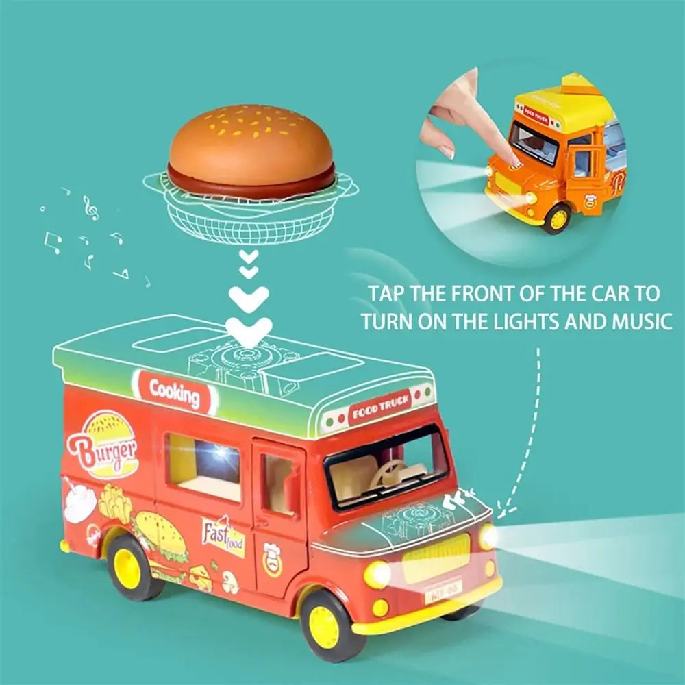 Burger Bus Food Truck Toy with Music Light Bright Colors Ice Cream Car Model Educationl Vehicle Pull Back Car Pretend Play