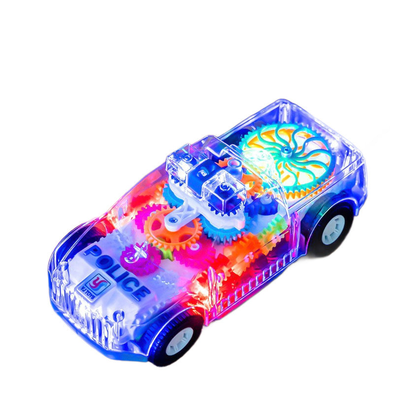 Cross-border children's gear-powered universal transparent colorful light police car with sound and movement, electric toy…