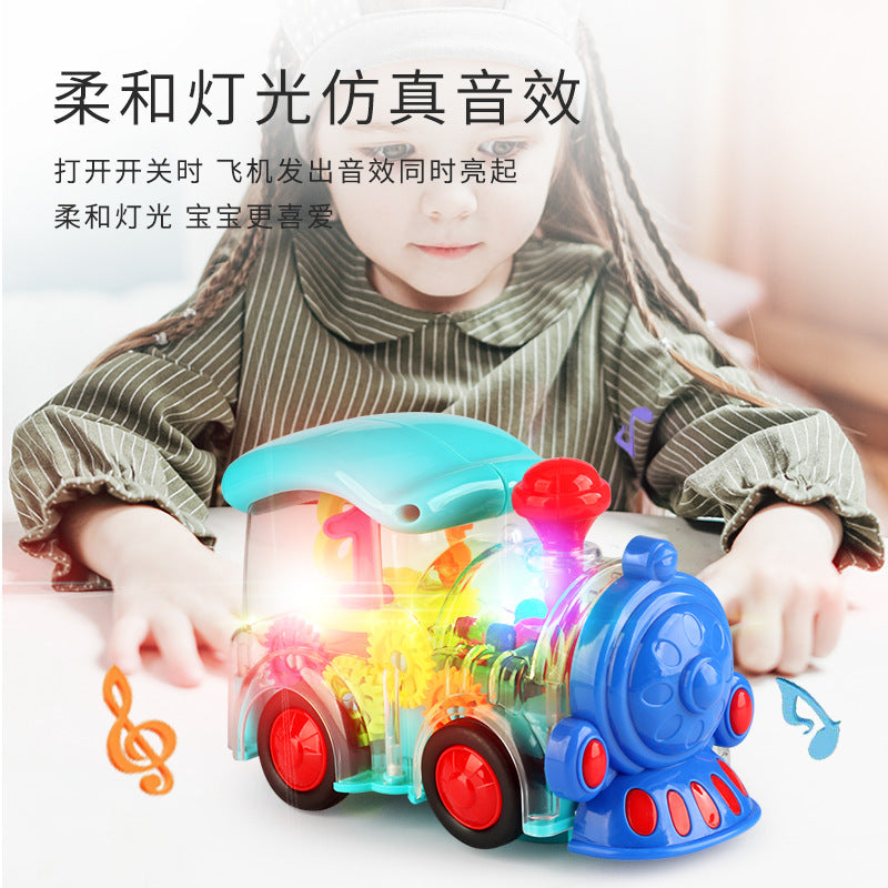 New electric universal transparent gear train colorful music Light boys and girls toy electric small train wholesale…