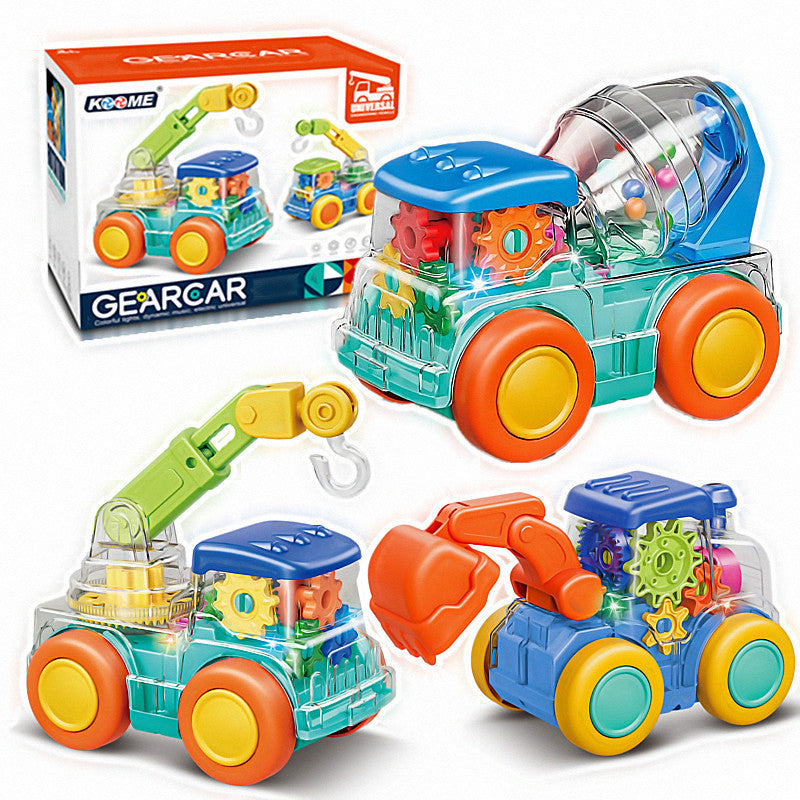 New Electric Universal transparent gear mixer crane mining engineering car light music cartoon children's toys
