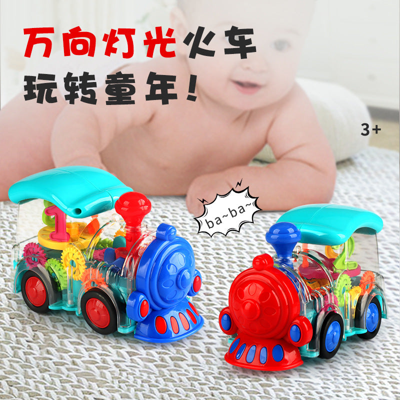 New electric universal transparent gear train colorful music Light boys and girls toy electric small train wholesale