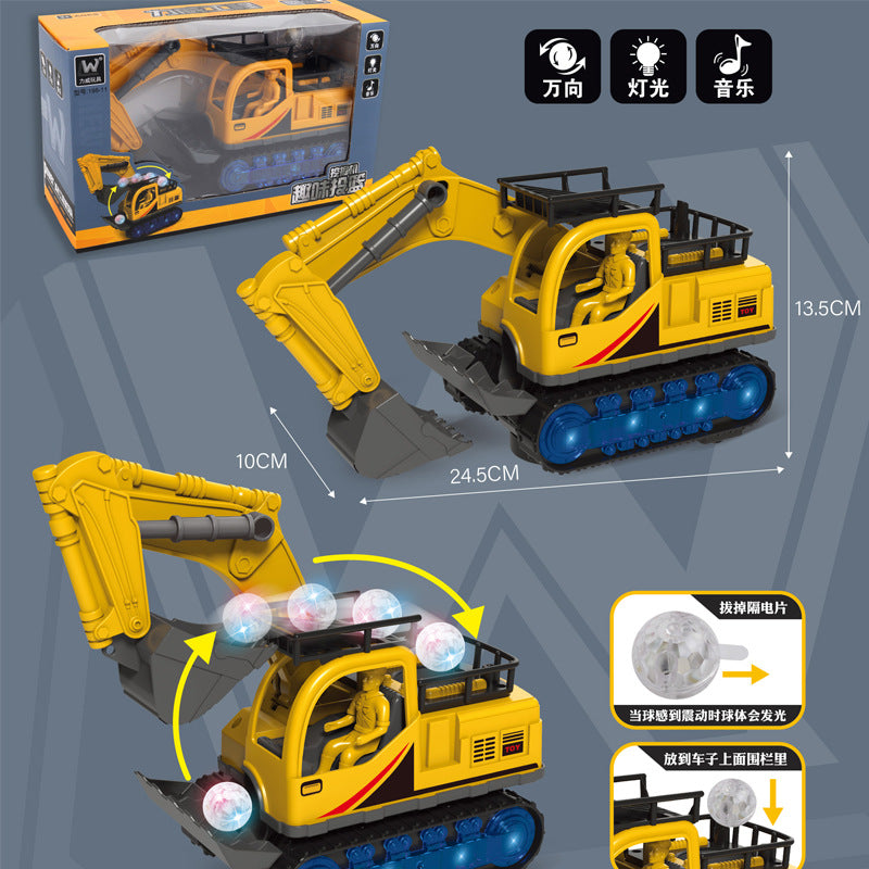 Electric universal transparent gear shooting excavator stunt hook machine sound and light bulldozer dancing boy net red toy…