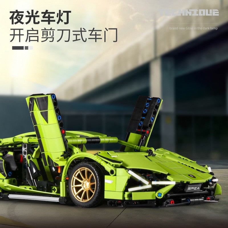 Lamborghini Sports Car Green Bull Assembly Building Blocks Mechanical Set Assembly Model Car Remote Control Boys' Toy…