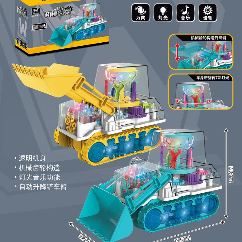 Electric universal transparent gear shooting excavator stunt hook machine sound and light bulldozer dancing boy net red toy…