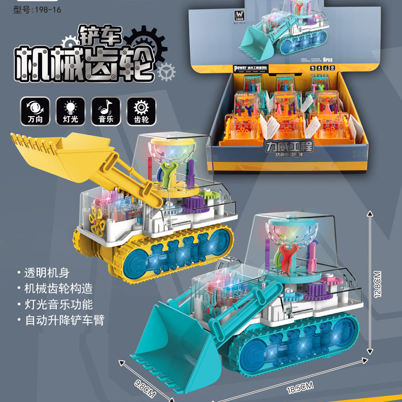 Electric universal transparent gear shooting excavator stunt hook machine sound and light bulldozer dancing boy net red toy…