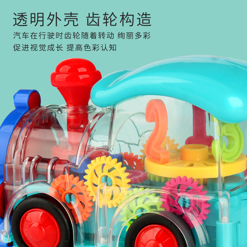 New electric universal transparent gear train colorful music Light boys and girls toy electric small train wholesale…