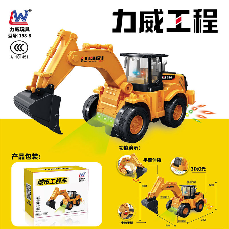 Electric universal transparent gear shooting excavator stunt hook machine sound and light bulldozer dancing boy net red toy…