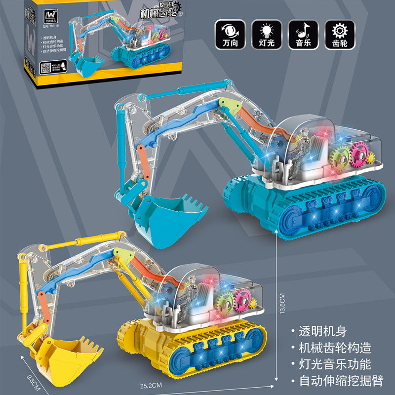 Electric universal transparent gear shooting excavator stunt hook machine sound and light bulldozer dancing boy net red toy…
