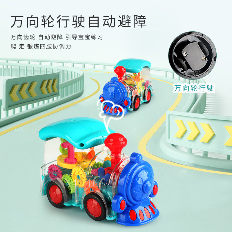 New electric universal transparent gear train colorful music Light boys and girls toy electric small train wholesale…