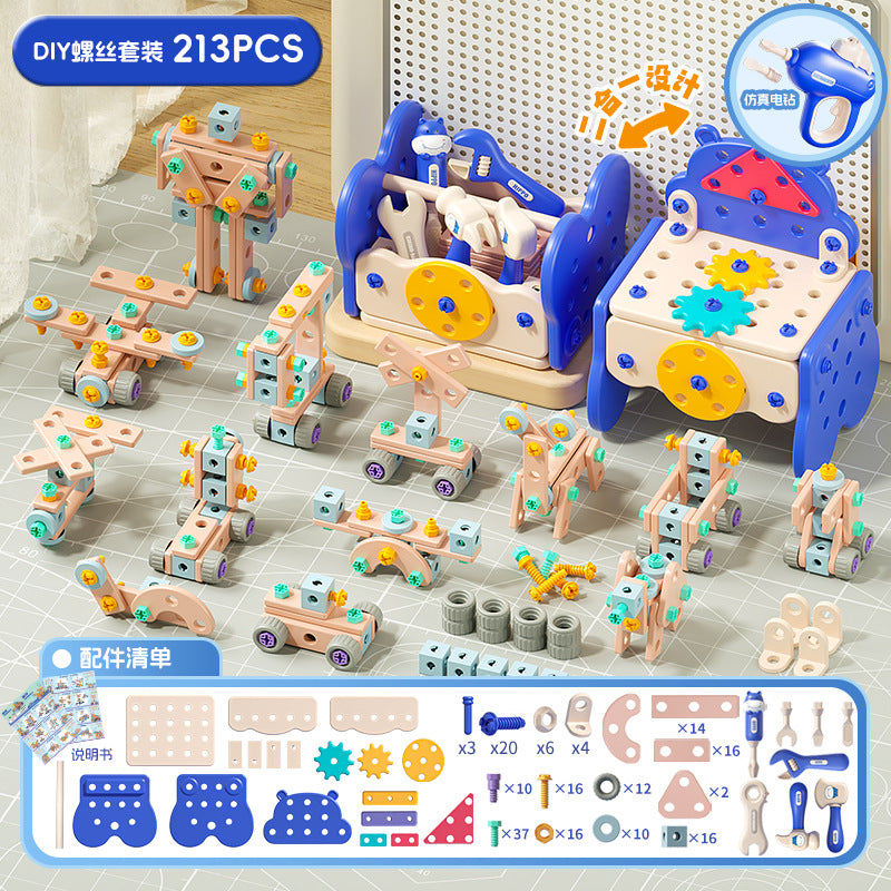 hippo Beckham toolbox simulation electric drill screw tool boy play house toy - Diy tool table 213-piece set [blue]