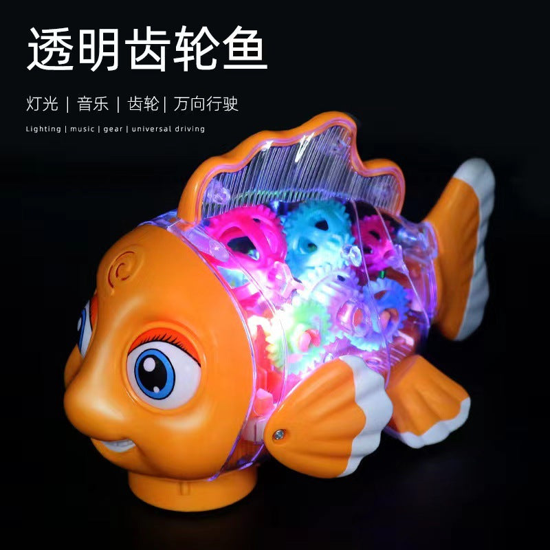 Shake the same electric transparent gear fish luminous music universal walking swing fish stall night market toys