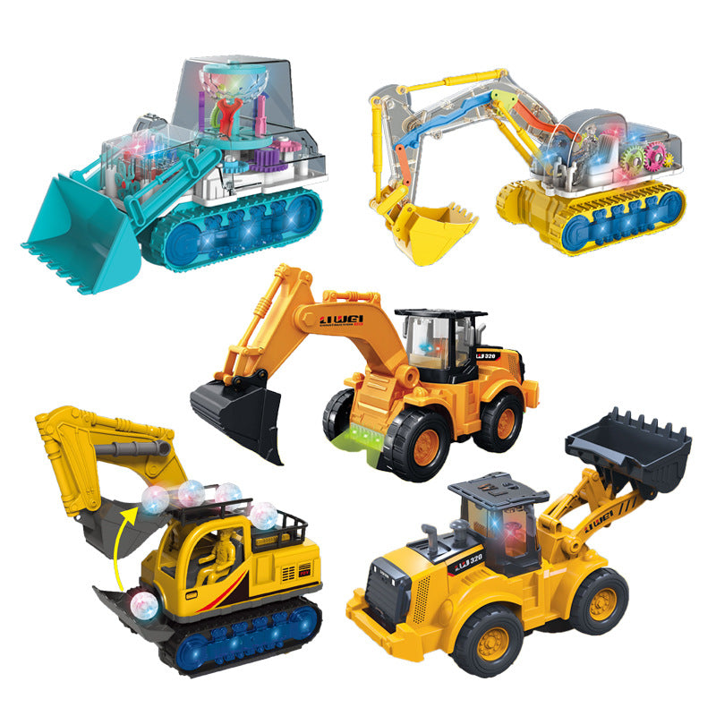 Electric universal transparent gear shooting excavator stunt hook machine sound and light bulldozer dancing boy net red toy