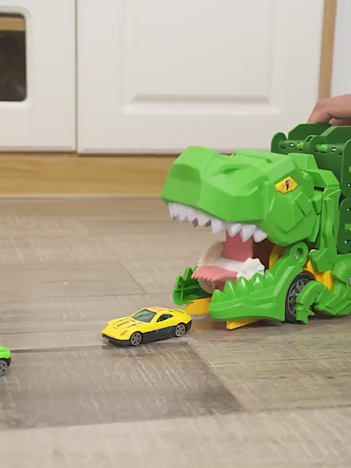 Cross-Border New Product Dinosaur Swallowing Car Folding Ejection Sliding Track Storage Alloy Car Children's Educational Toy Car video 1
